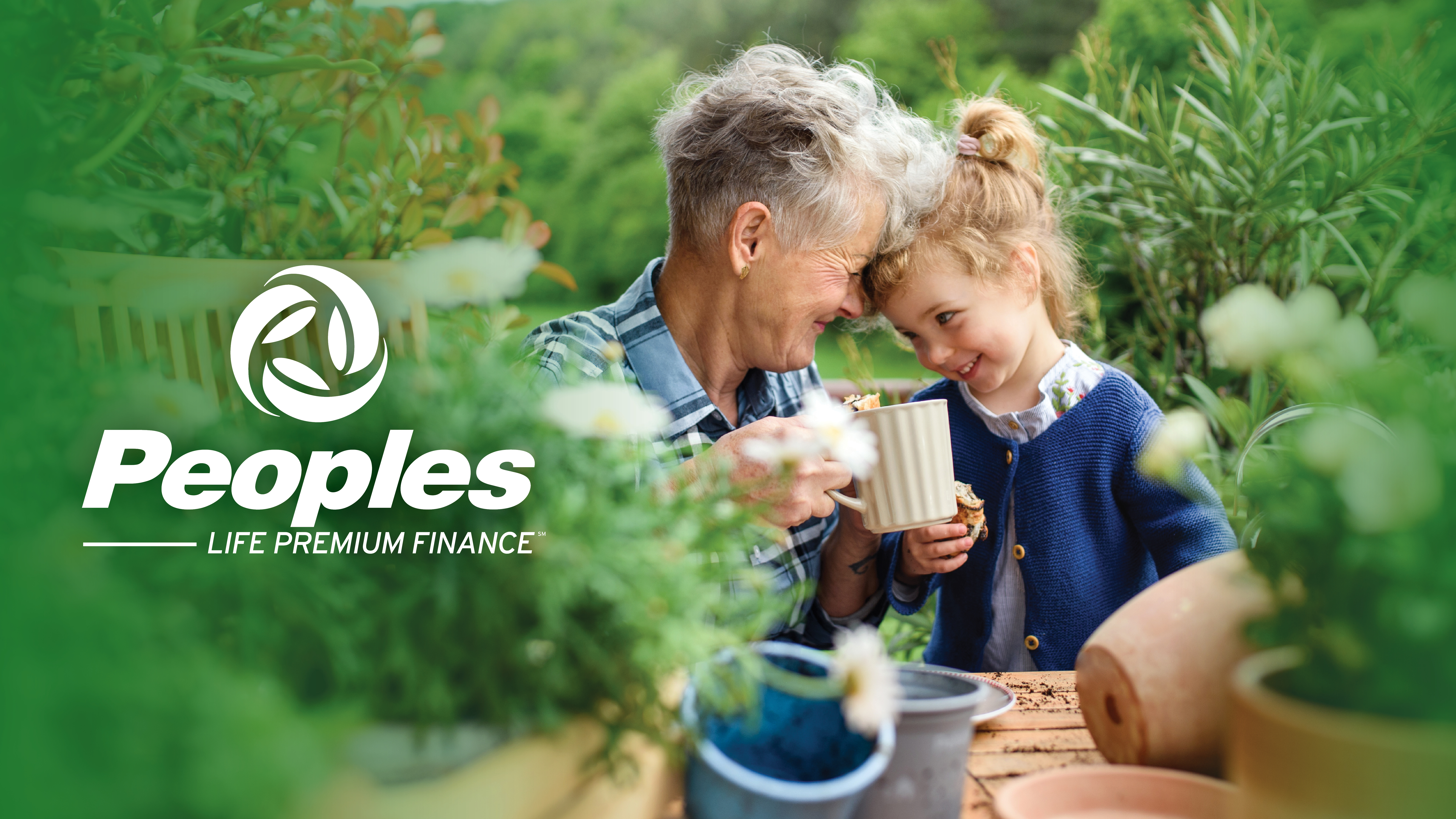 A grandmother gardening with her grandchild overlayed with the Peoples Life Premium Finance logo.